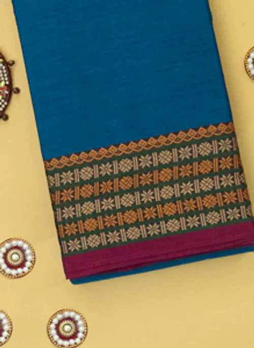 BLUE CHETTINAD COTTON SAREE IN THREAD BORDER