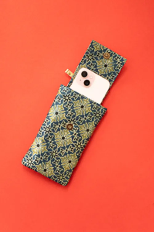 Ajrakh Print Silk Mobile Phone Pouch With Saree Hook