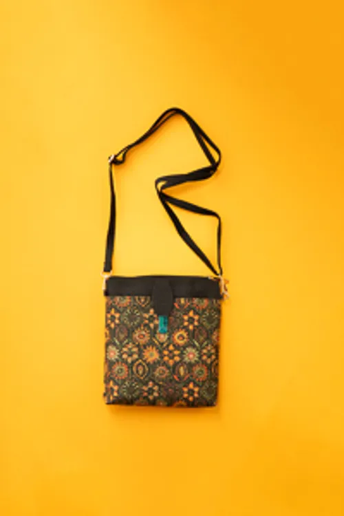 Ajrakh Print silk sling bag in Black 