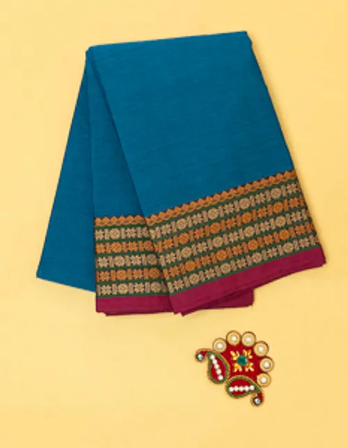 BLUE CHETTINAD COTTON SAREE IN THREAD BORDER