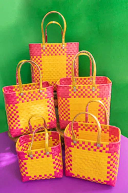 Pink and Yellow Regular Weave Chettinad Open Baskets Set of 5