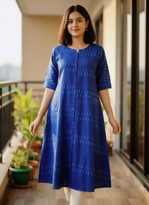 Premium cotton Ikkat A-line kurtis - IKT006 / Royal blue 