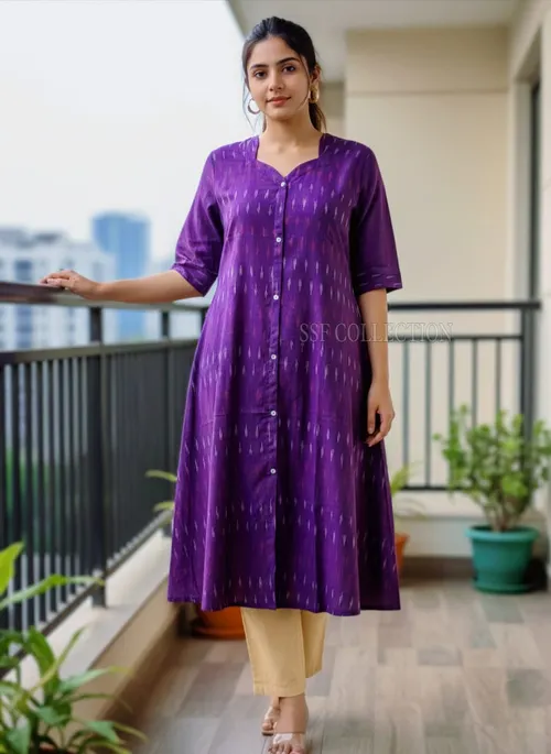 Premium cotton Ikkat A-line kurtis - IKT009 / Purple 