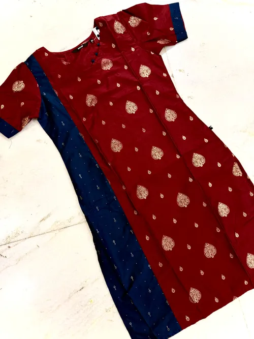 Premium Silk Contrast kurtis - SLK010 / Maroon with teal blue 