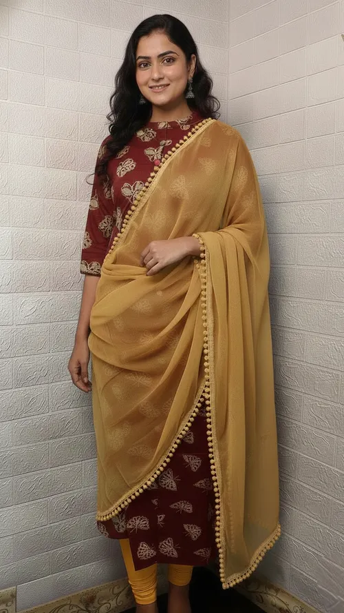 Kurti + duppatta set - KD006 Maroon with sandel