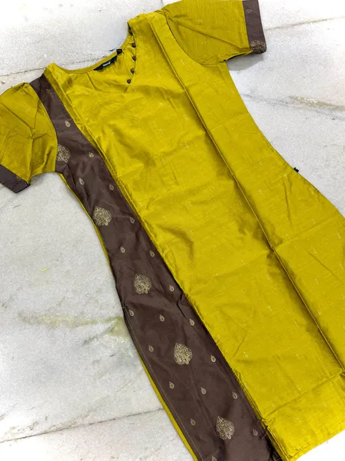 Premium Silk Contrast kurtis - SLK003 / Golden mustard with clay brown 