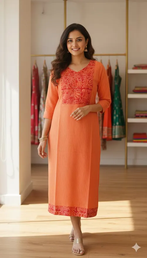 Kantha Cotton Kurtis KC01 - Colour Orange