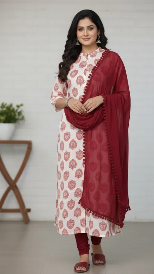 Kurti + duppatta set -KD005 off-white with maroon