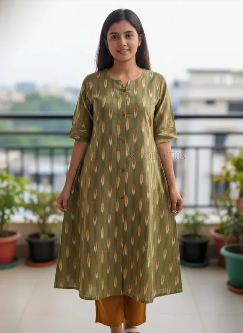 Premium cotton Ikkat A-line kurtis - IKT003 / Mango leaf Colour 