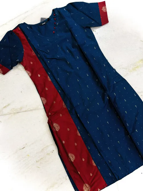 Premium Silk Contrast kurtis - SLK007 / Teal blue with maroon 