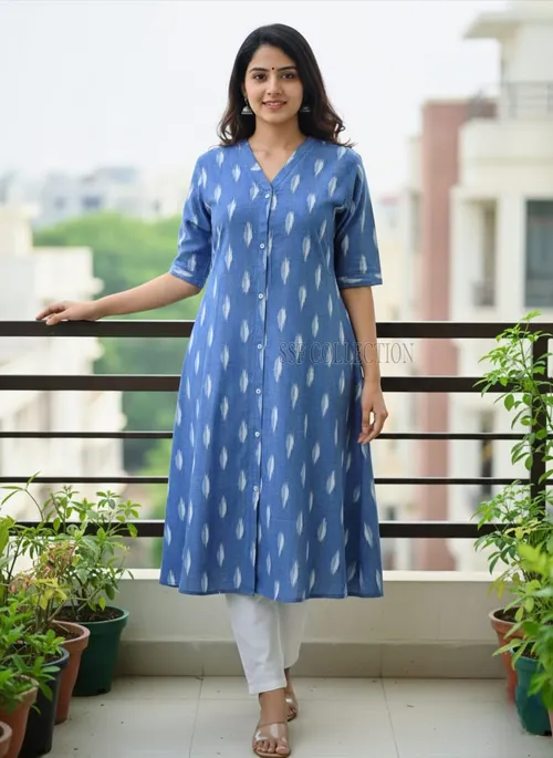 Premium cotton Ikkat A-line kurtis - IKT008 / Denim blue 