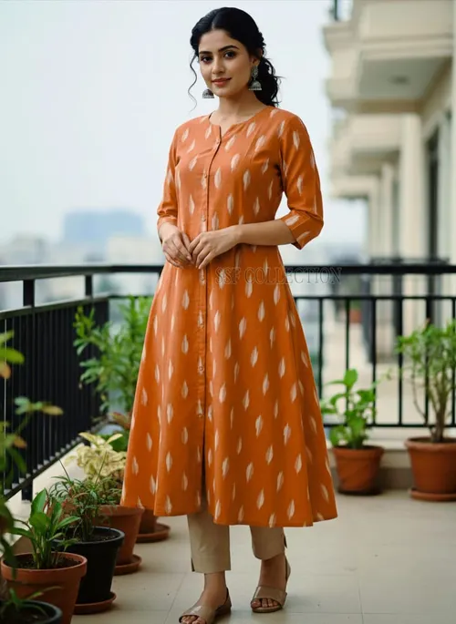 Premium cotton Ikkat A-line kurtis - IKT005 / Orange 