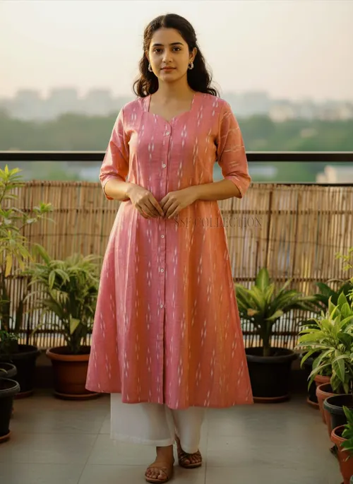 Premium cotton Ikkat A-line kurtis - IKT004 / Peach 