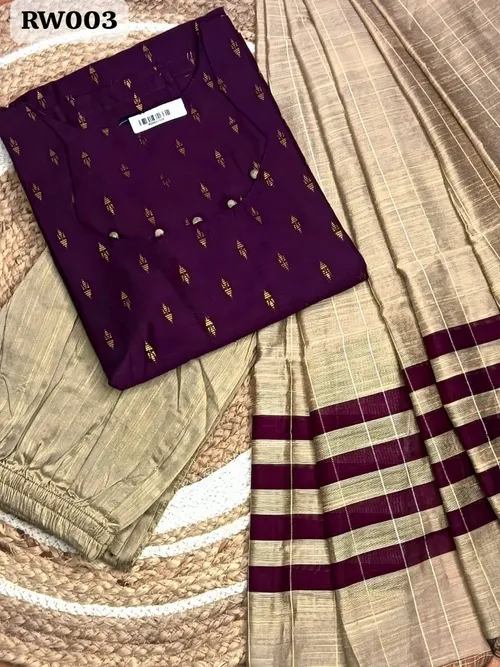 RW003 - Raw silk kurti 3pc set / Purple 