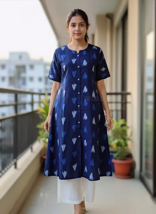 Premium cotton Ikkat A-line kurti - IKT002 / Indigo blue