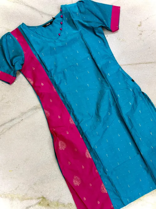 Premium Silk Contrast kurtis - SLK005 / Ramablue with Pink