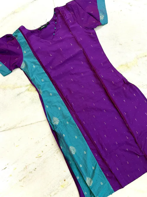Premium Silk Contrast kurtis - SLK008 / Purple with peacock blue