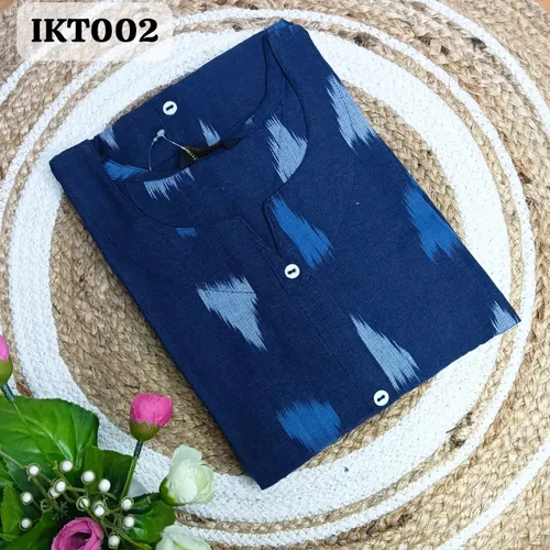 Premium cotton Ikkat A-line kurti - IKT002 / Indigo blue