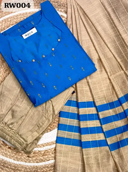 RW004 - Raw silk kurti 3pc set / Rama blue