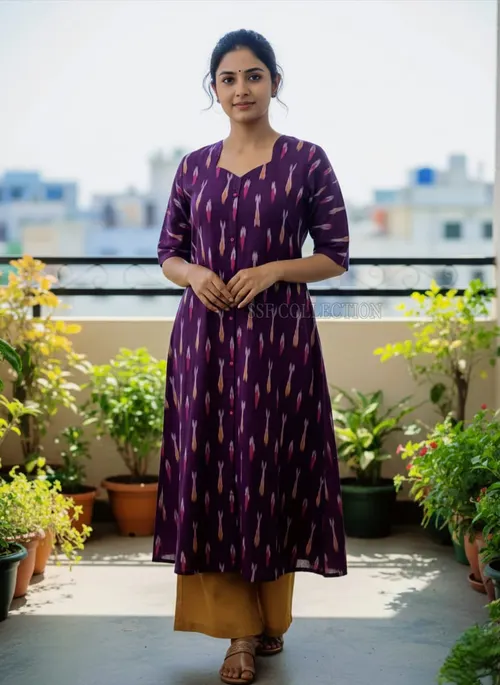 Premium cotton Ikkat A-line kurtis - IKT007 / Wine colour 
