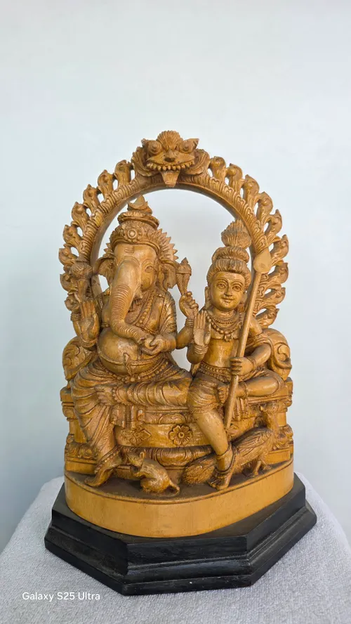 12"  Lord Ganesha and Karthkeya (Murugan) with Mushak and Peacock with arch & peedam, hand carved