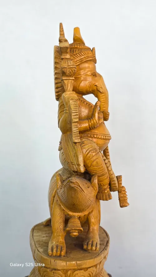 12" Large Blessing Lord Ganesha Seated on Mushak with Kirtimukha Prabhavali | Kumbil Wood Carving