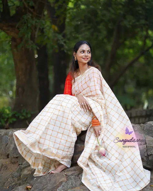 Half white saree with reddish orange blouse