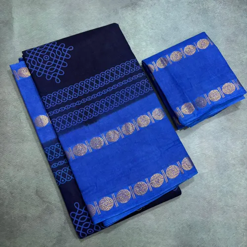 Blue Kolam printed saree with Rettapetta blouse