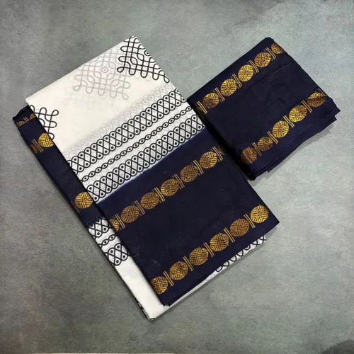 White Kolam printed saree with Rettapetta blouse