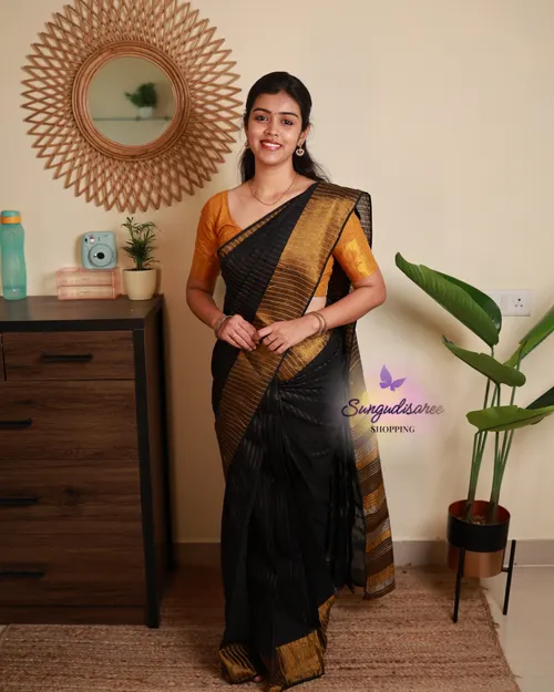Black color saree with Mustard blouse sungudi Tissue