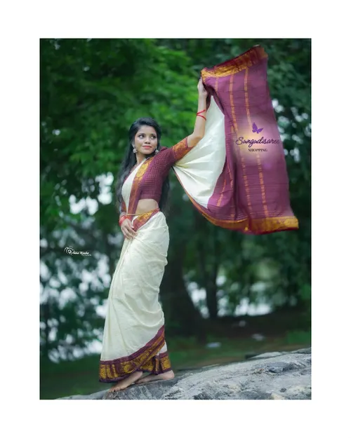 Half white with maroon zari kattam saree