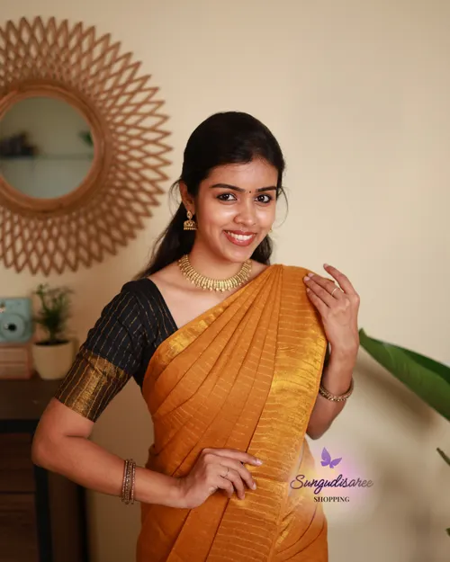 Mustard color saree with black blouse keerthi tissue sungudi
