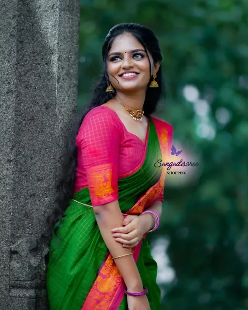 Green with Dark pinkish rose zari kattam saree