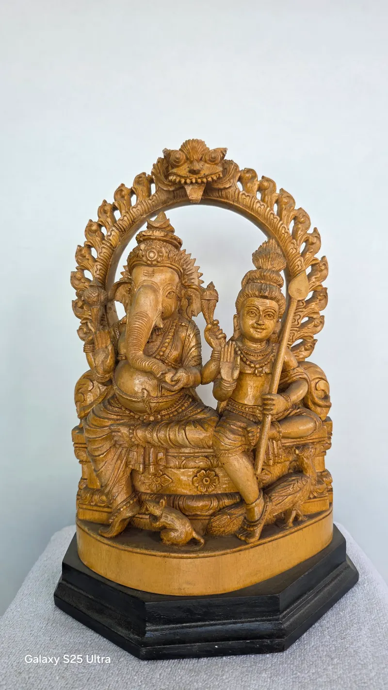 12"  Lord Ganesha and Karthkeya (Murugan) with Mushak and Peacock with arch & peedam, hand carved