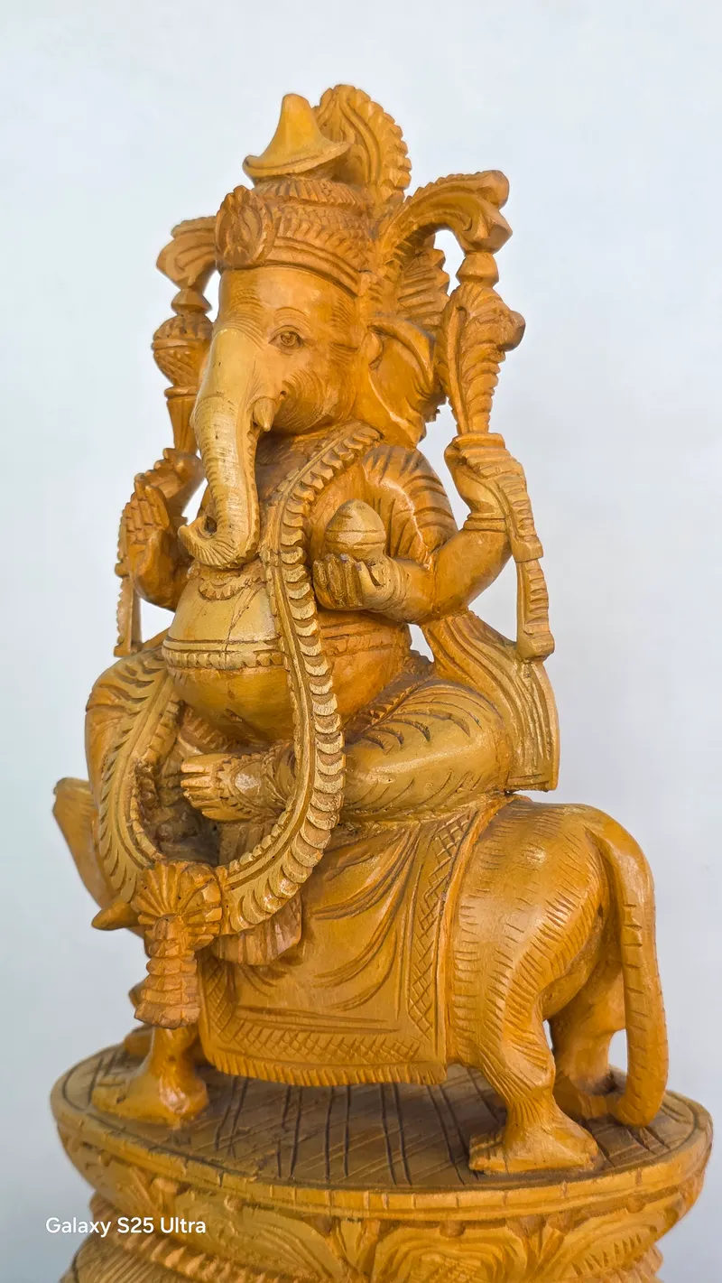 12" Large Blessing Lord Ganesha Seated on Mushak with Kirtimukha Prabhavali | Kumbil Wood Carving